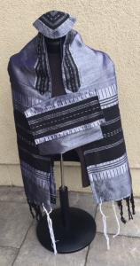 Silk Tallit - Gray with Black Design