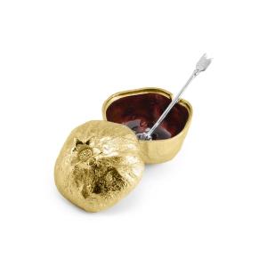 Pomegranate Mini Pot with Spoon - Goldtone, Nickelplate, Brown Enamel