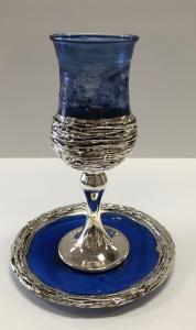 Handmade Blue Glass With Sterling Silver Kiddush Cup and plate