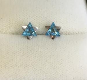 Blue and Silver Star of David Earrings - 14kt White Gold