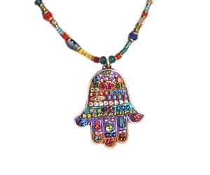 Large Multicolored Beaded Hamsa - Metal