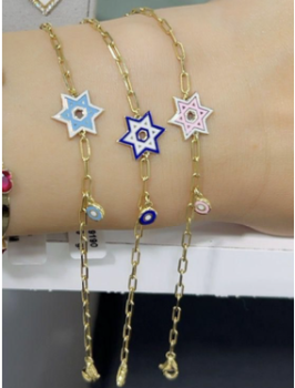 Colorful Enamel Star of David Bracelet with Evil Eye Charm