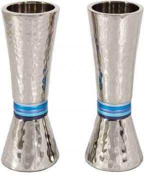 Conical Shaped Hammered Candle Holders--Blue Rings