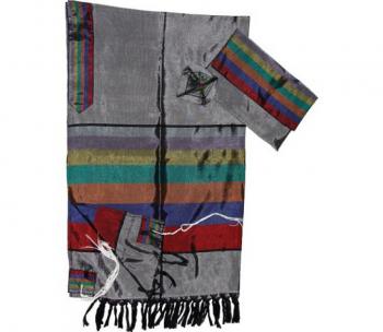 Gabrieli Tallit Silk - Gray with Colorful Wide Stripes