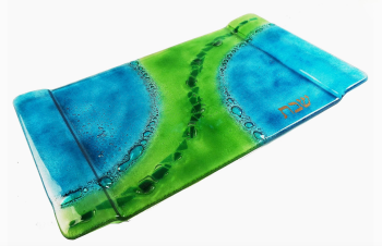 Fused Glass Challah Tray - Light Blue with Green