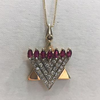 Ruby and Diamond Menorah Star Necklace - 14kt Gold