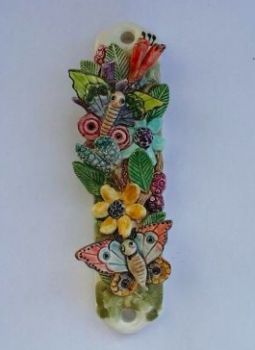 Flowers and Butterflies Mezuzah - Painted Porcelain