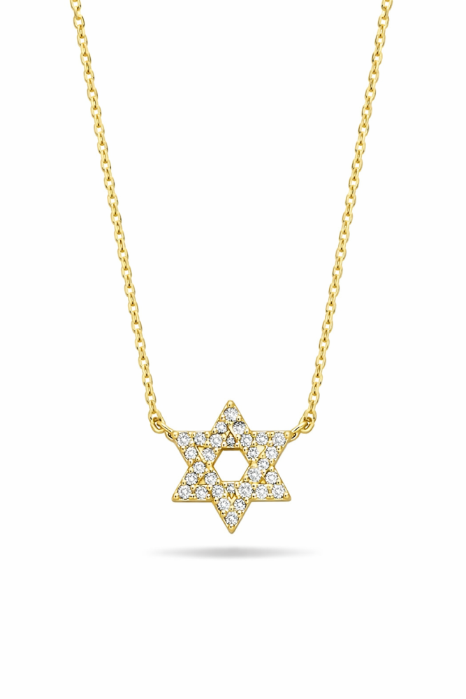 14k Gold Star of David with Diamonds Necklace