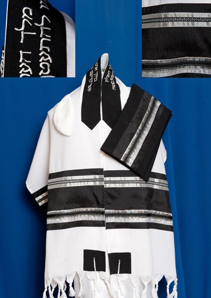 Men's Traditional Black and Silver Wool Tallit Set