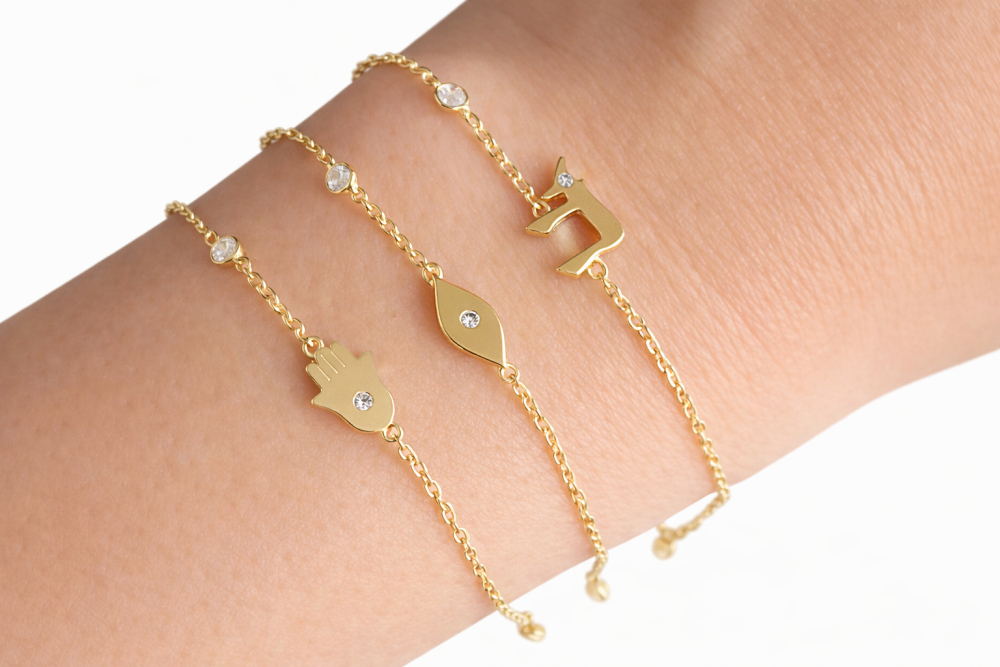 Chai, Evil-Eye, or Hamsa Bracelet with Bezel-set Stone