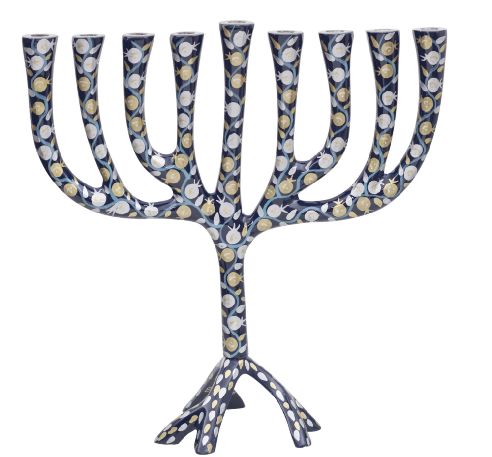 Extra Large Hand-Painted Menorah - Blue Pomegranates