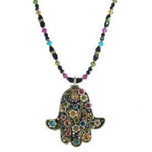 Extra Large Multicolored Beaded Floral Hamsa - Metal