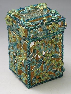 JEWELED TZEDAKAH BOX WITH FLOWERS AND PINK STONES