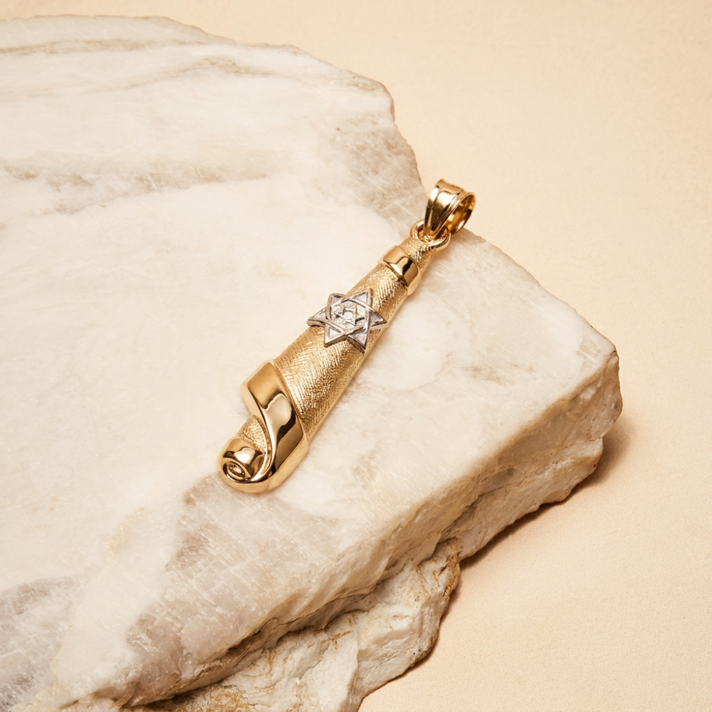  14K Gold Mezuzah Pendant Torah Scroll 