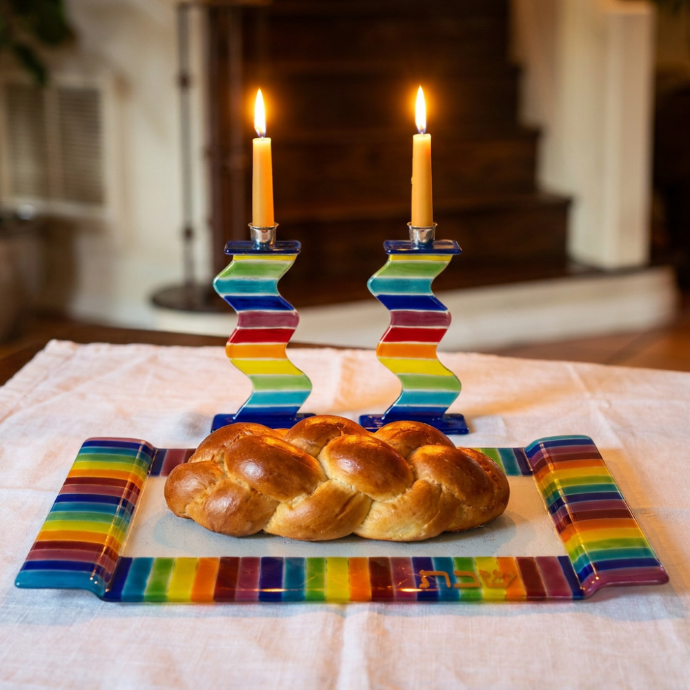 Rainbow Shabbat Candle Holders and Challah Tray