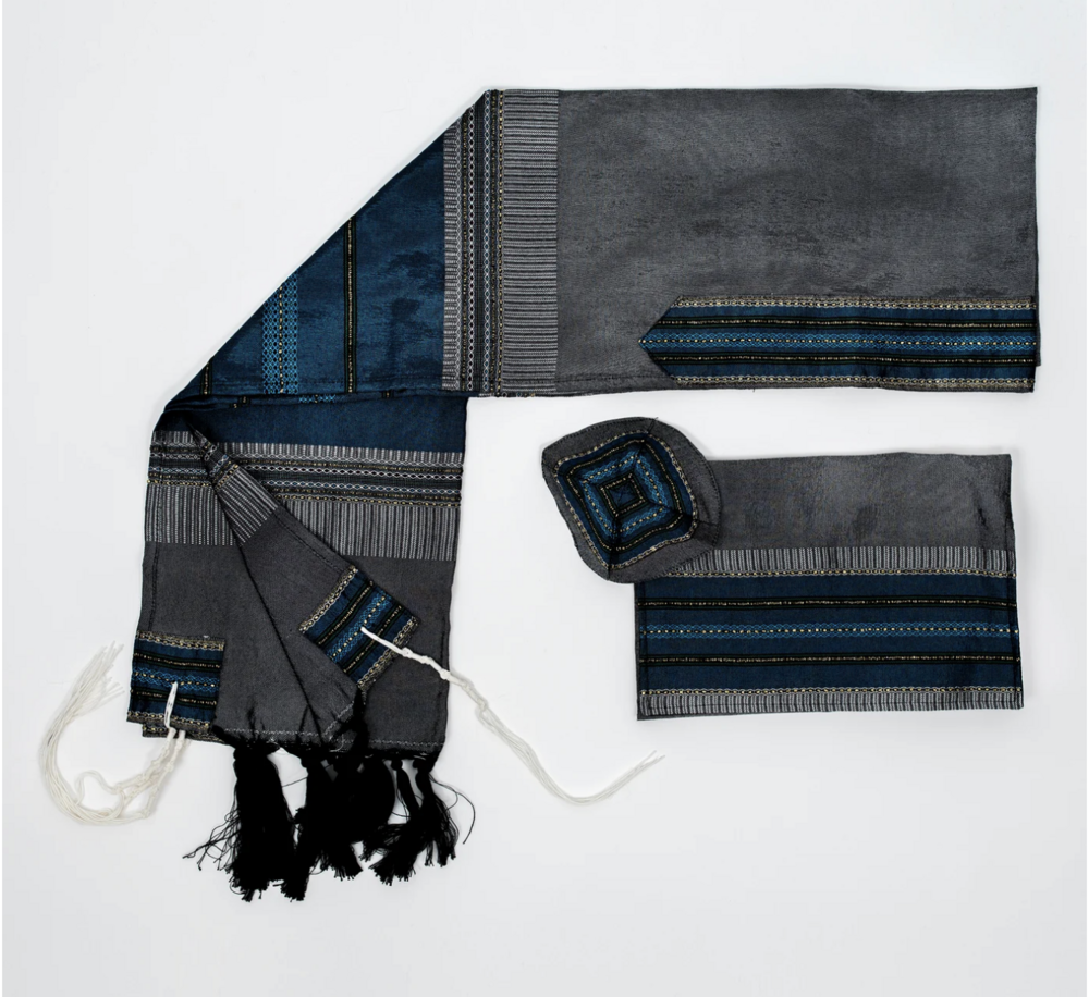 Gabrieli Silk Tallit -Gray and Turquoise