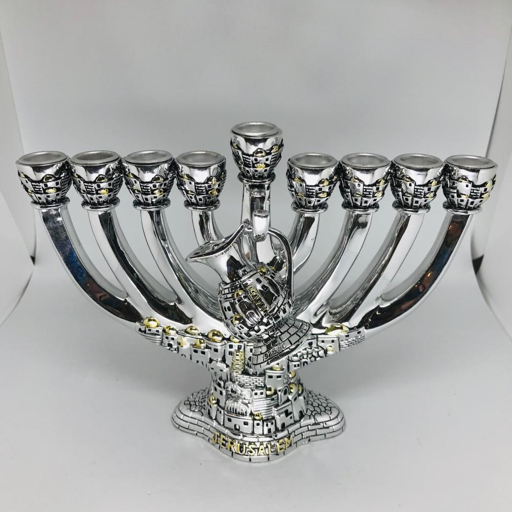 Silverplate Jerusalem Oil Hanukkah Menorah