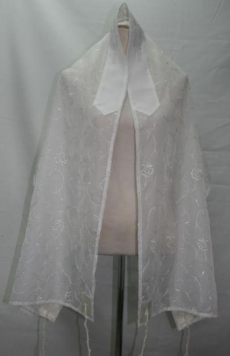 White Floral Talit  - Organza