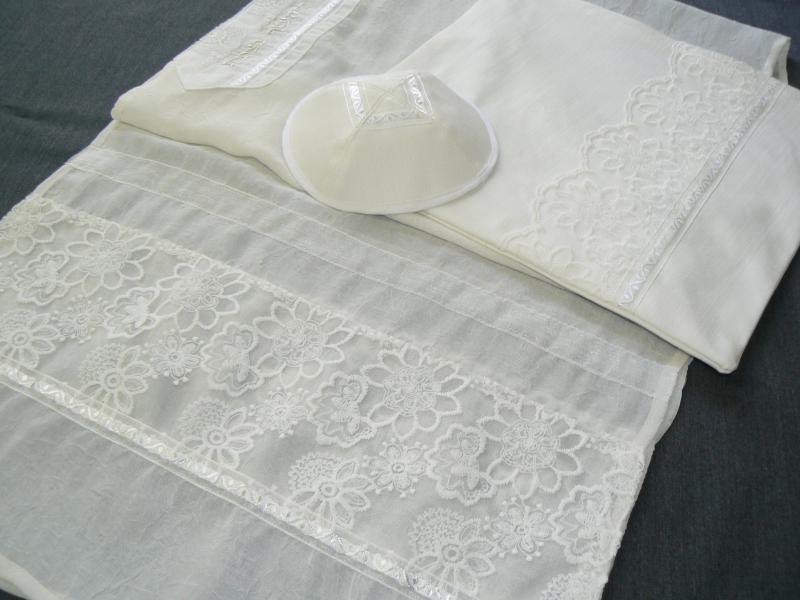 White Tallit Set with embroidered flowers by Eretz Judaica