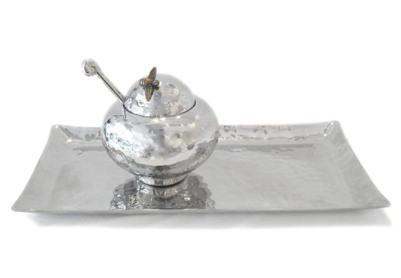 Honey Pot and Large Tray, Stainless Steel