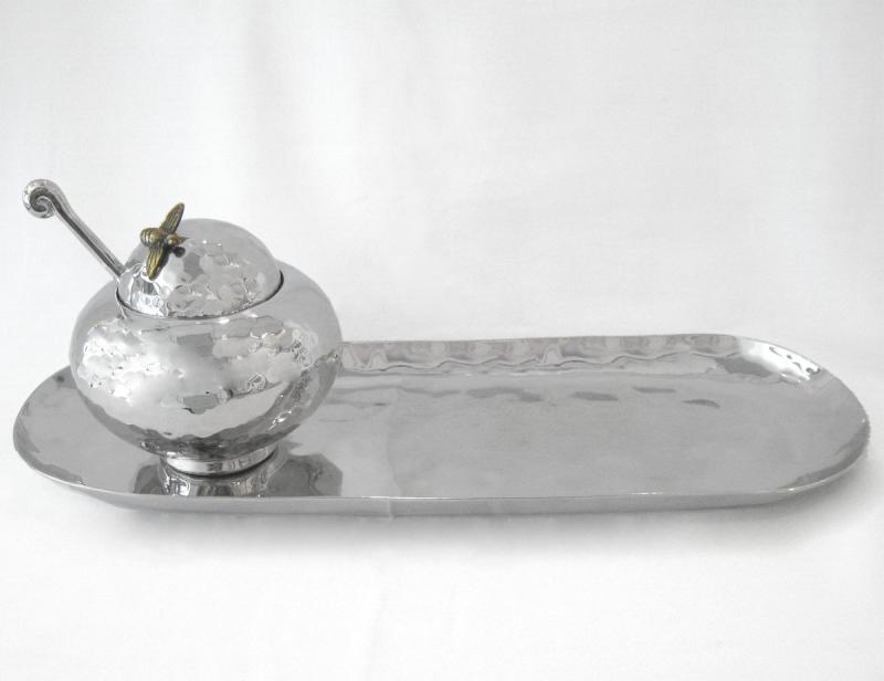 Honey Pot and Oval Apple Tray, Stainless Steel