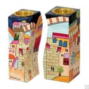 Jerusalem Shabbat Candle Holders - Painted Wood
