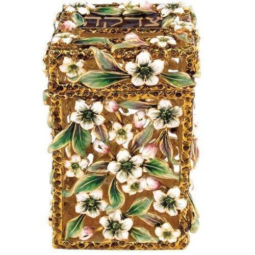 TZEDAKAH BOX WITH FLOWERS AND GREEN STONES