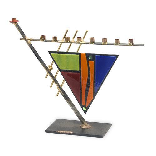Art Deco Triangle with Colored Glass Menorah A21S