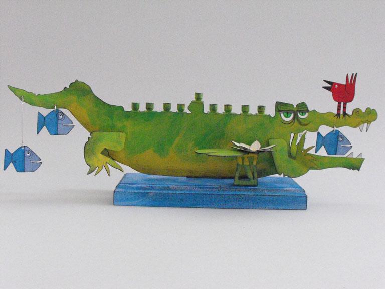 Crocodile Children's Hannukah Menorah -  Metal and Wood