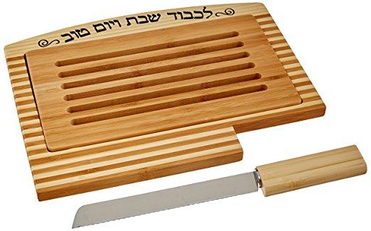 Bamboo Challah tray with crumb tray and knife