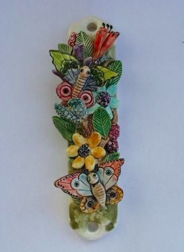 Flowers and Butterflies Mezuzah - Painted Porcelain