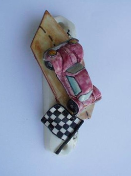 Race Car Mezuzah - Painted Porcelain